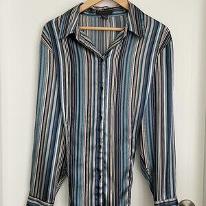 Striped Long Sleeve Button Front Blouse Mantles Blue Green…